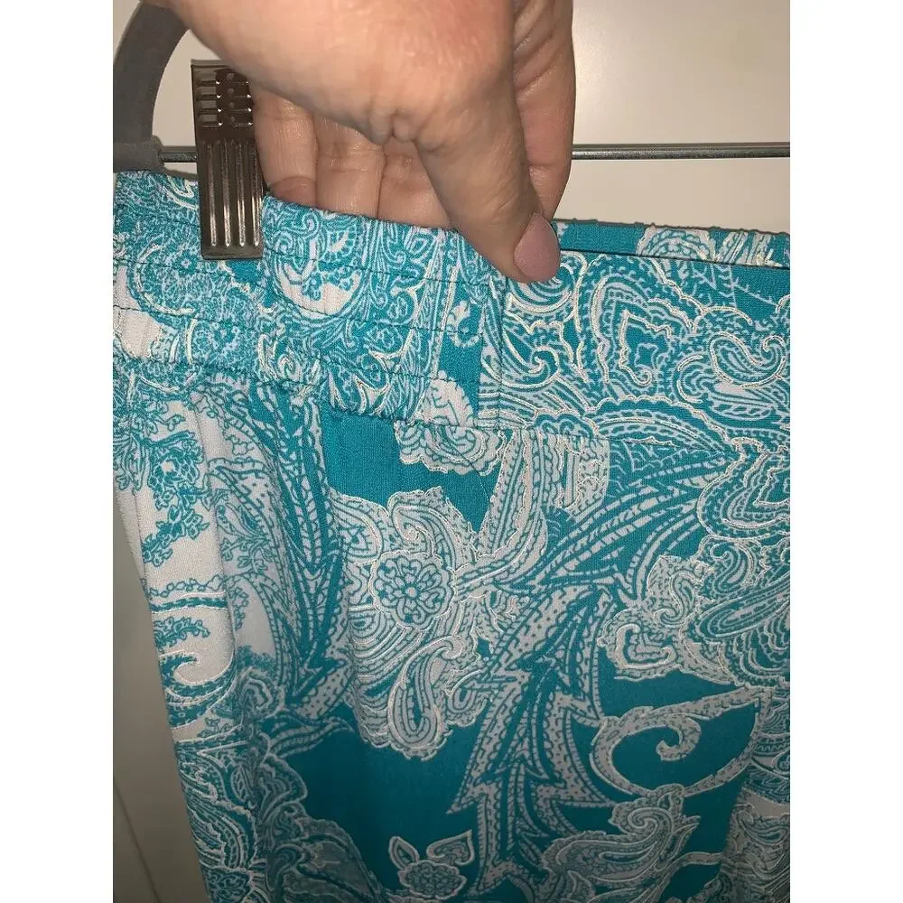 IMAN Women's XL Wide-Leg Paisley Pull-On Pants Blue Casual‎ Shimmer